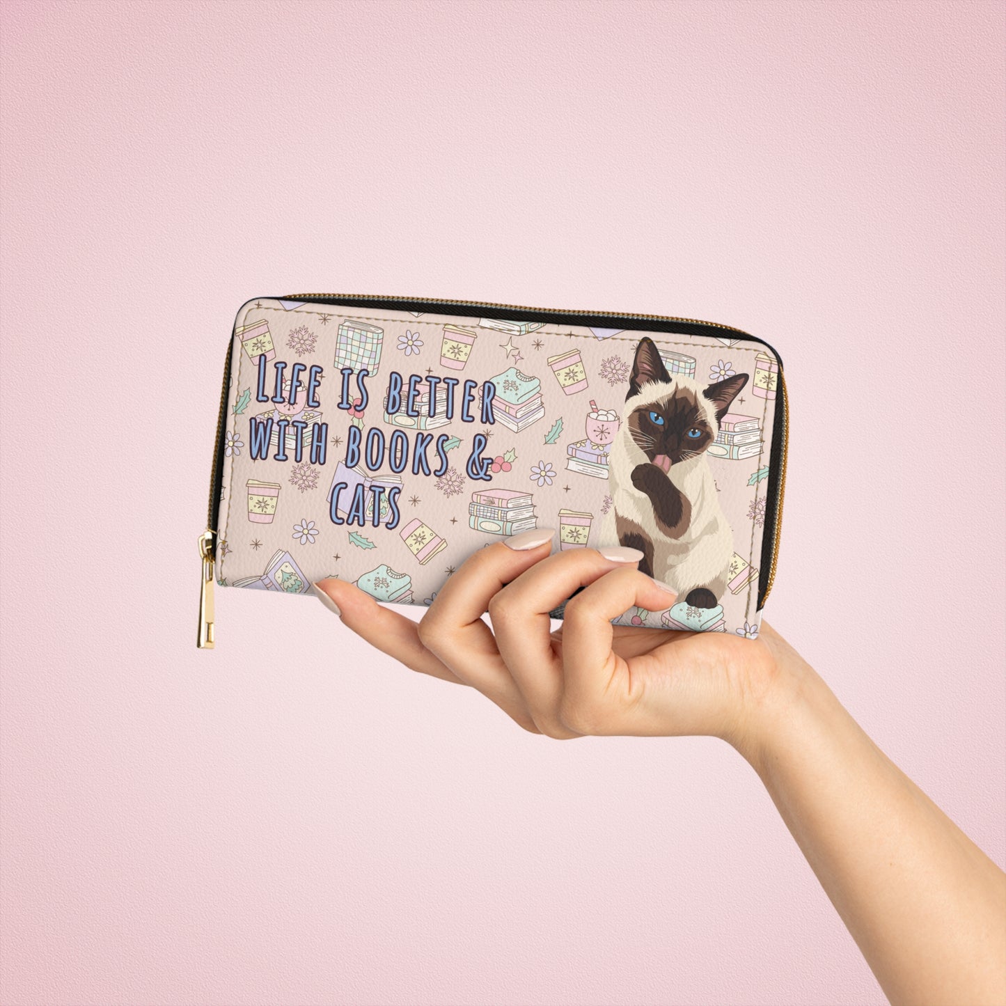 "Life Is Better With Books & Cats" Zip Wallet